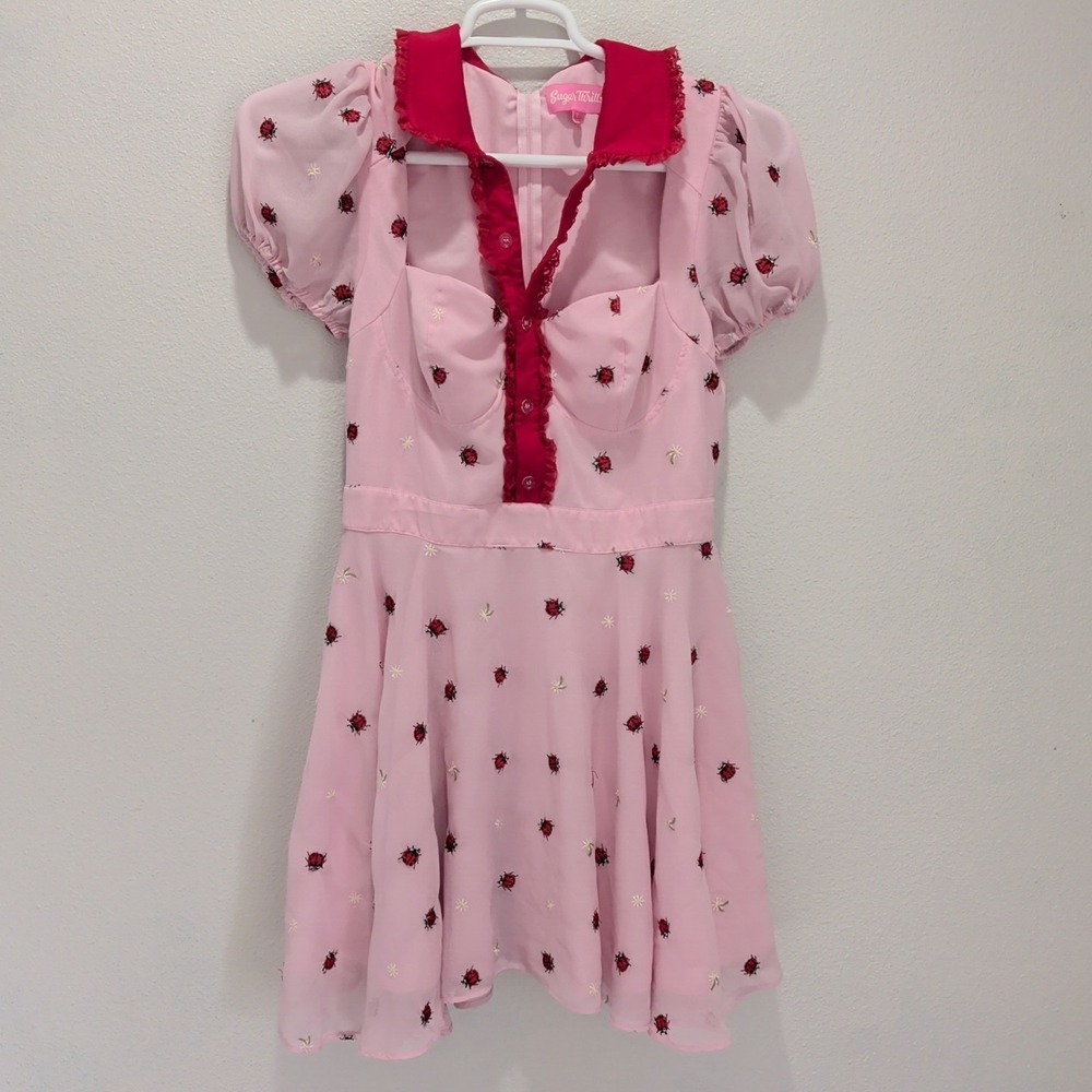 Sugar Thrillz Dolls Kill Mini Dress Pink Ladybug Sheer Cosplay Dollface TV Sz L